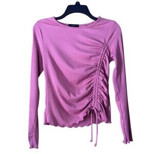Pink Ribbed Long Sleeve Ruched Drawstring Adjustable Side Lettuce Hem Knit Y2K